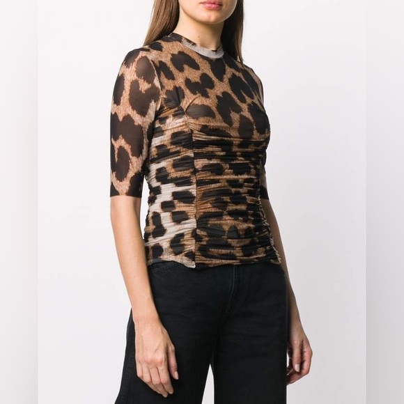 NWT GANNI Ruched Leopard-Print Mesh Top - Picture 7 of 9